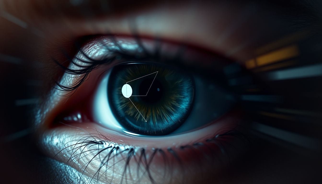 Close-up of a human eye with digital overlays representing the concept of selective attention and inattentional blindness.