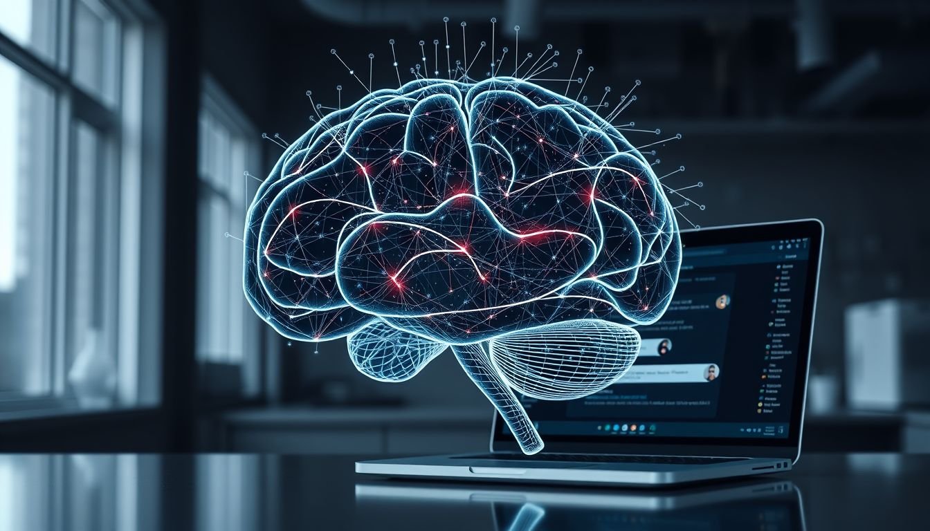 Digital representation of a human brain interacting with an AI chat interface on a computer screen