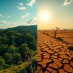 A comparison between a healthy tropical rainforest and a degraded, dry savannah landscape showing environmental decline.