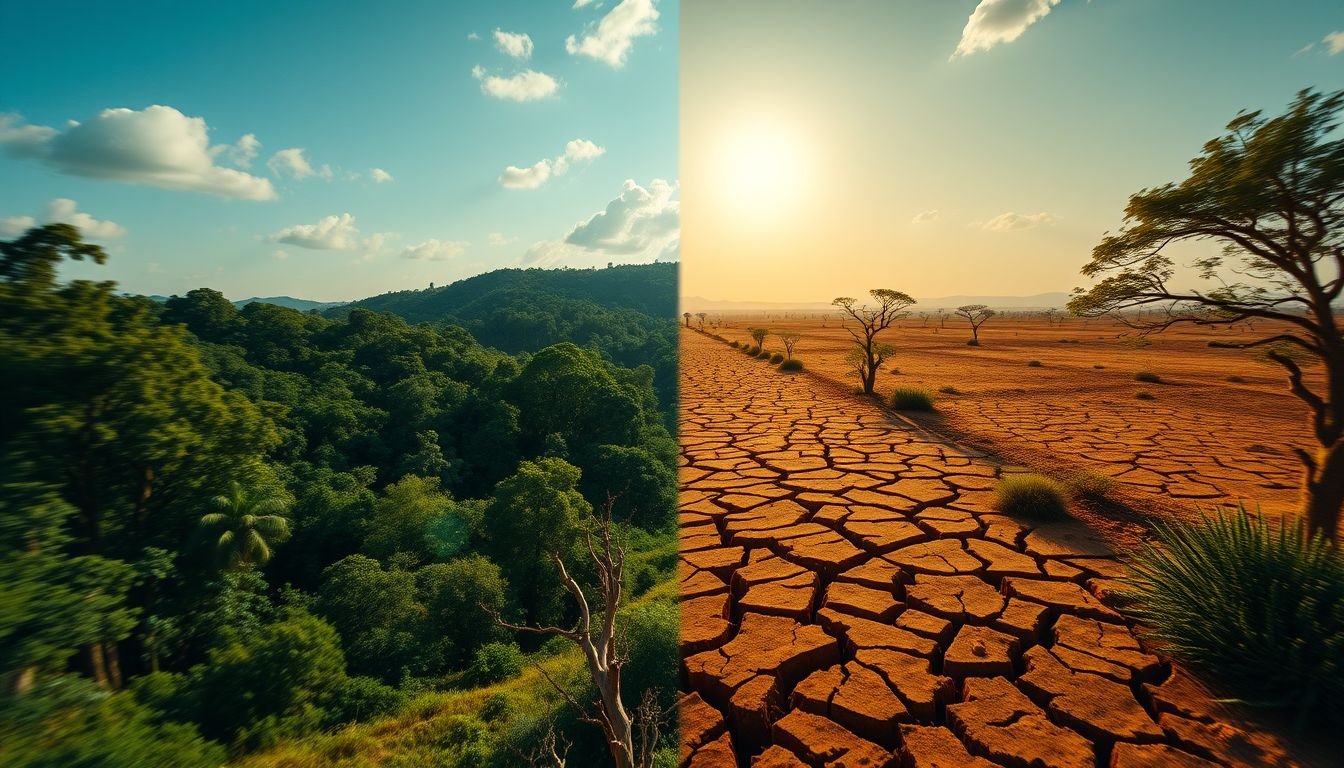 A comparison between a healthy tropical rainforest and a degraded, dry savannah landscape showing environmental decline.