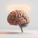 A human brain with a glowing golden halo representing the halo effect cognitive bias