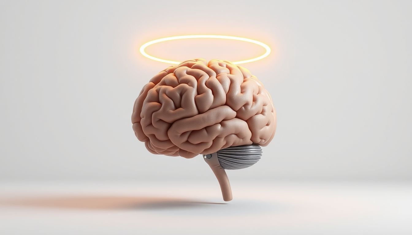 A human brain with a glowing golden halo representing the halo effect cognitive bias