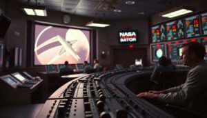 A vintage NASA Mission Control console with various switches and monitors from the Apollo era.