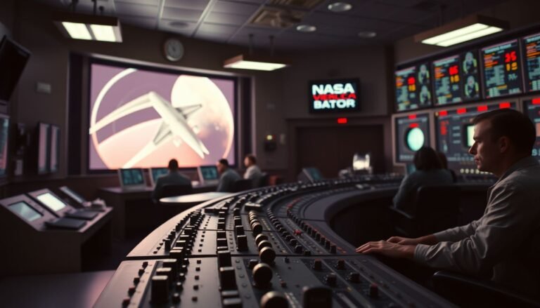 A vintage NASA Mission Control console with various switches and monitors from the Apollo era.