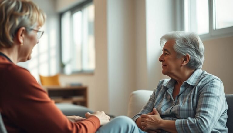 Two people engaged in an empathetic conversation in a natural light setting