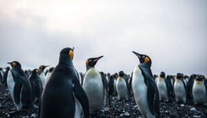 A large colony of Adélie penguins on the rocky Antarctic coast with fog forming in the atmosphere