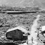 A historical representation of the atomic mushroom cloud over the city of Nagasaki in 1945.