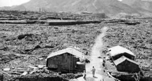 A historical representation of the atomic mushroom cloud over the city of Nagasaki in 1945.