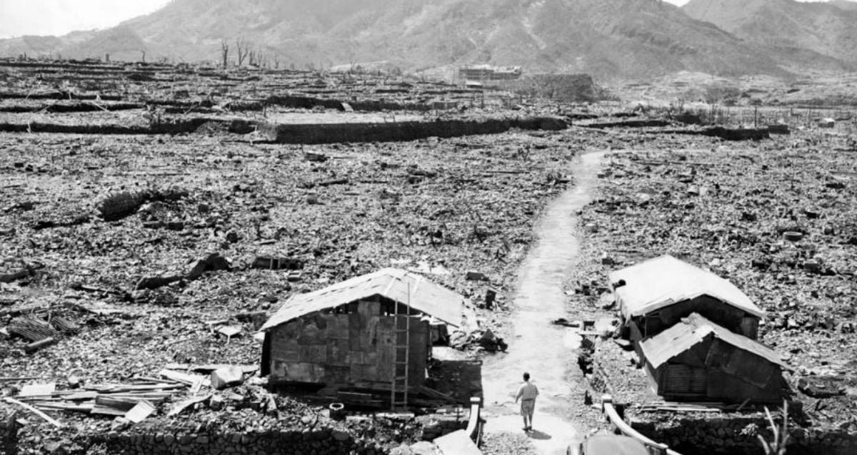A historical representation of the atomic mushroom cloud over the city of Nagasaki in 1945.
