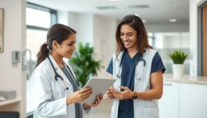 A young adult patient and a healthcare provider discussing a medical diagnosis in a modern office.