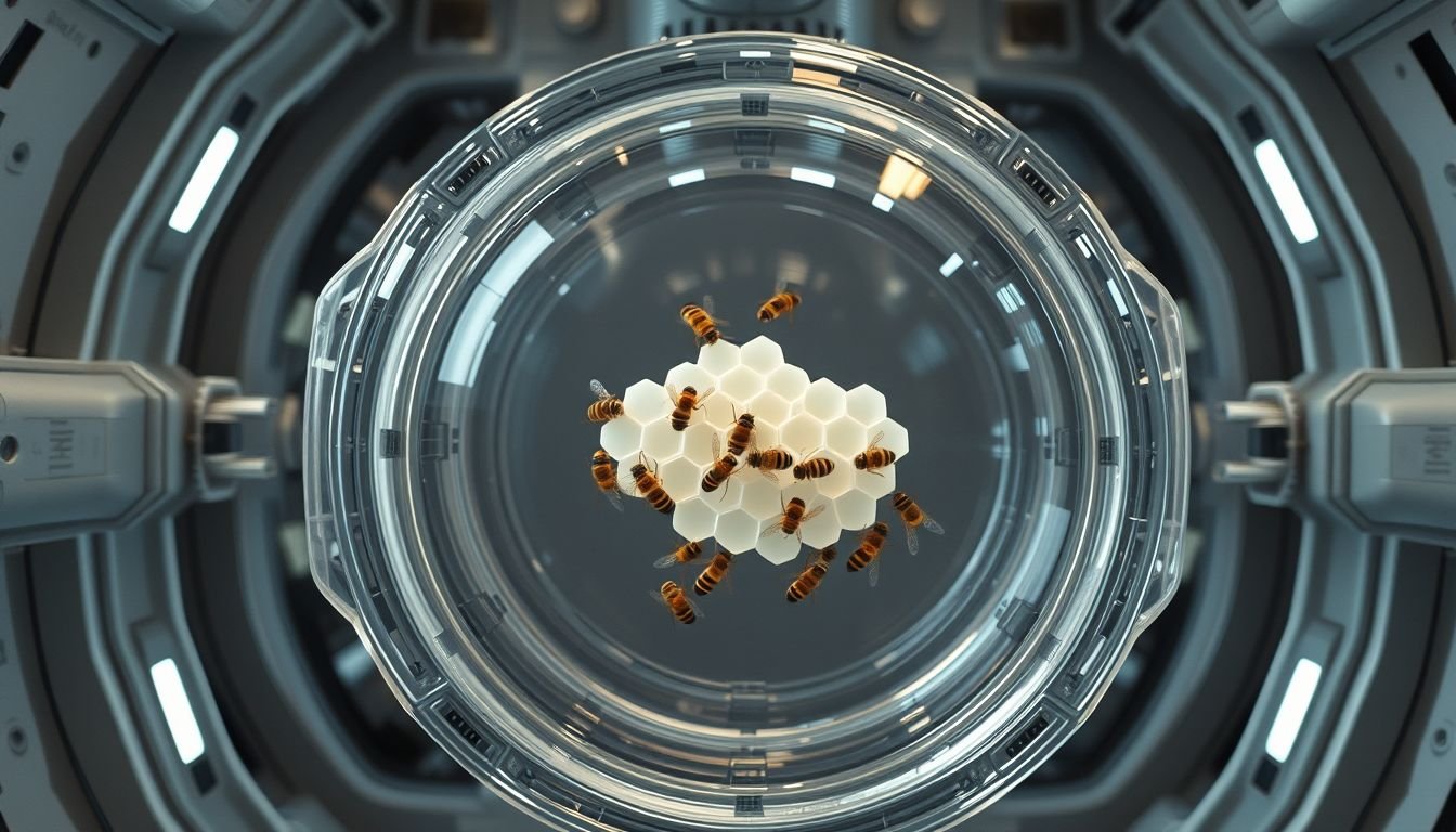 Honey bees constructing a hexagonal honeycomb inside a scientific module in microgravity