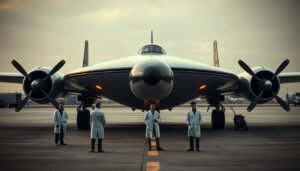 A disc-shaped VZ-9AV Avrocar aircraft from the 1950s on a military airfield tarmac.