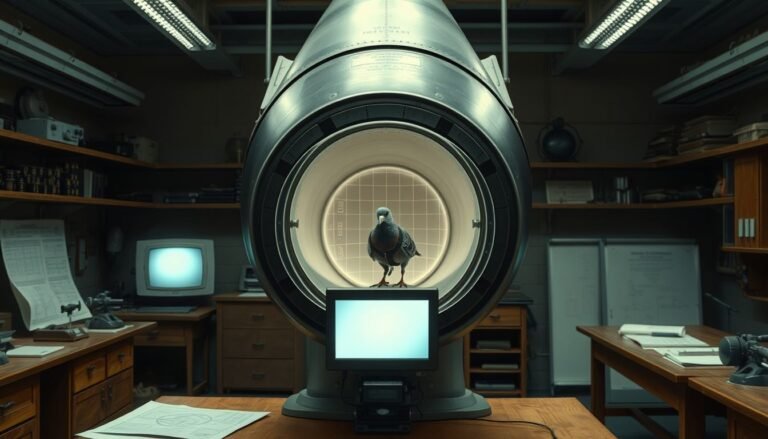 A realistic depiction of a WWII-era pigeon-guided missile nose cone in a scientific laboratory.