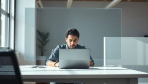 A professional person managing their personal space and boundaries in a modern office setting.