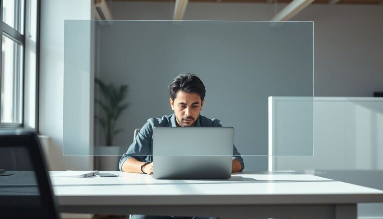 A professional person managing their personal space and boundaries in a modern office setting.