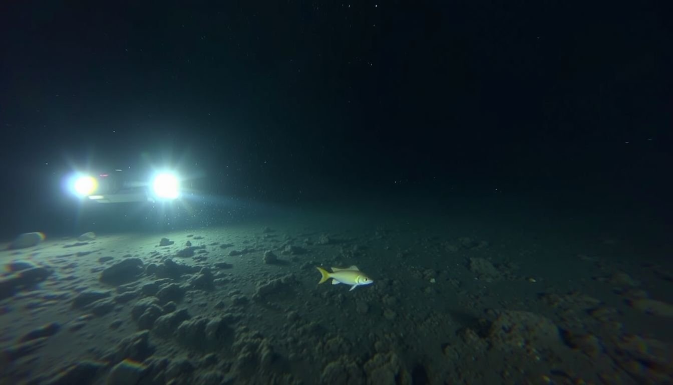 A robotic submersible exploring the dark, sediment-covered bottom of Superior Maximus in Lake Superior.