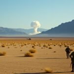 A historical reconstruction of a nuclear test in the Nevada desert during Operation Plumbbob with a mushroom cloud and the溫度
