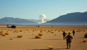 A historical reconstruction of a nuclear test in the Nevada desert during Operation Plumbbob with a mushroom cloud and the溫度