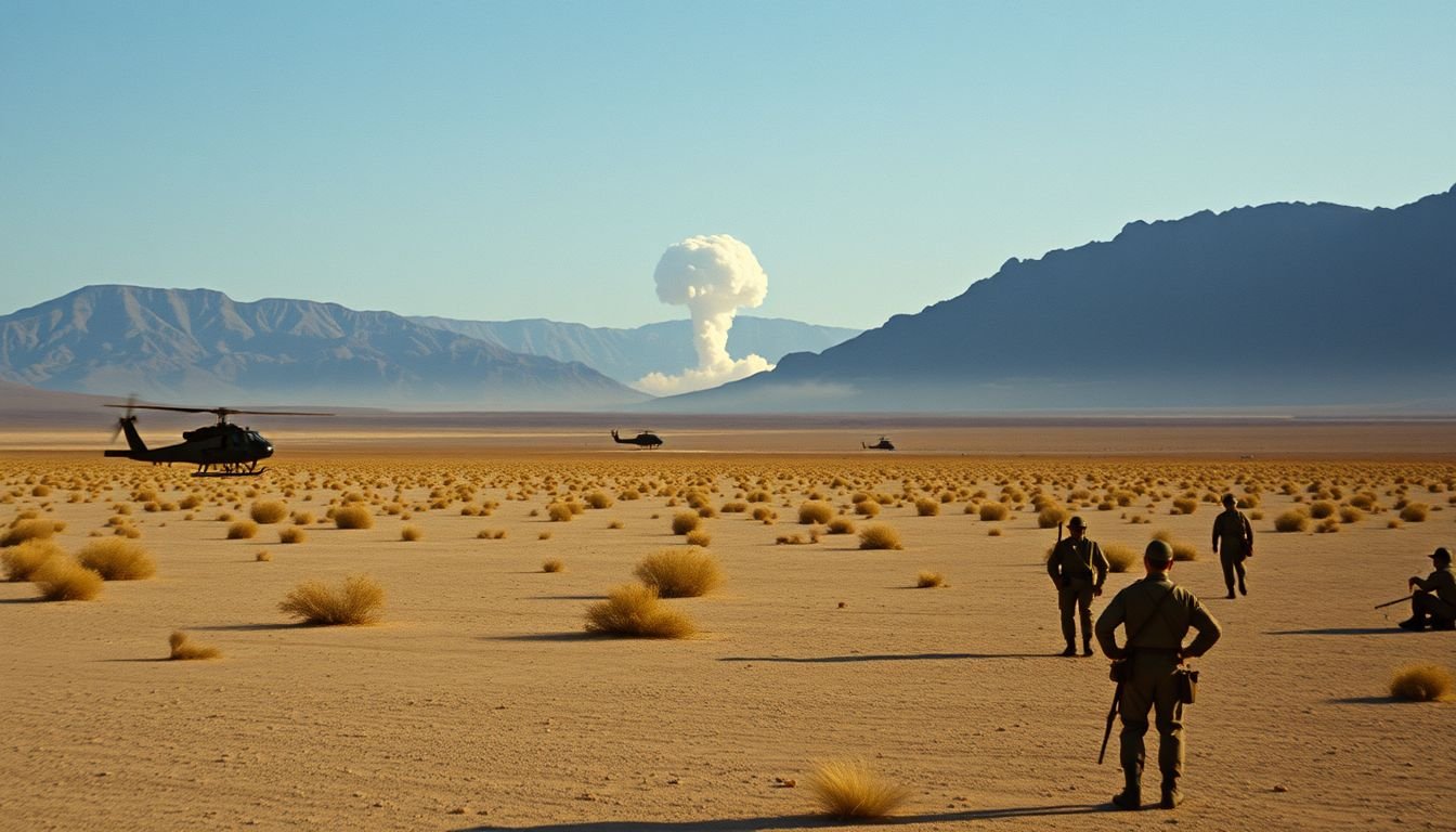 A historical reconstruction of a nuclear test in the Nevada desert during Operation Plumbbob with a mushroom cloud and the溫度