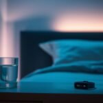 A modern bedroom setup optimized for sleep hygiene, featuring a sleep tracker and ambient lighting.