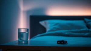 A modern bedroom setup optimized for sleep hygiene, featuring a sleep tracker and ambient lighting.