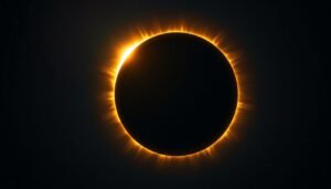 A total solar eclipse showing the moon completely covering the sun with a glowing white corona around the edge