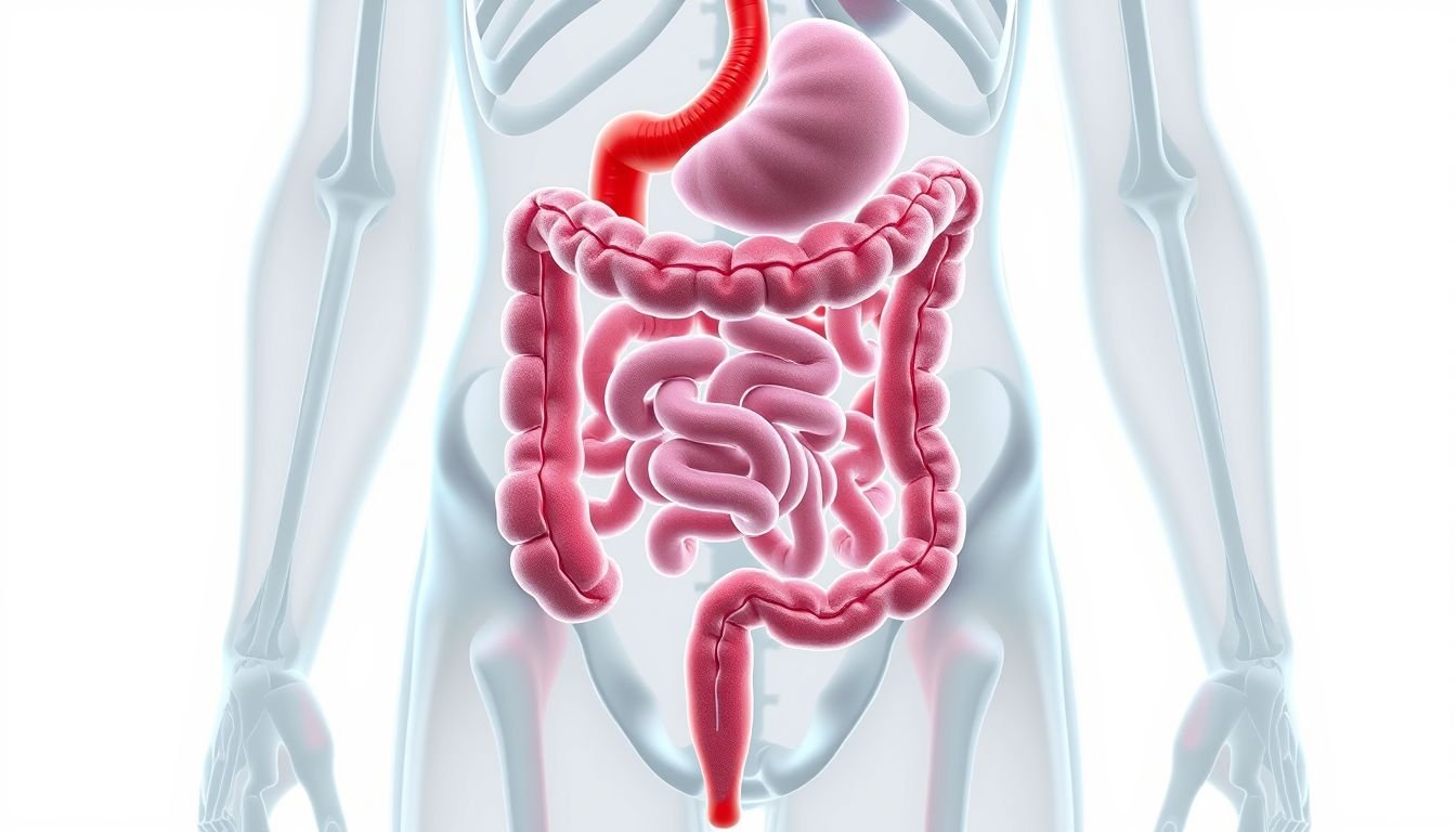 Anatomical illustration of the human colon and rectum showing the digestive tract