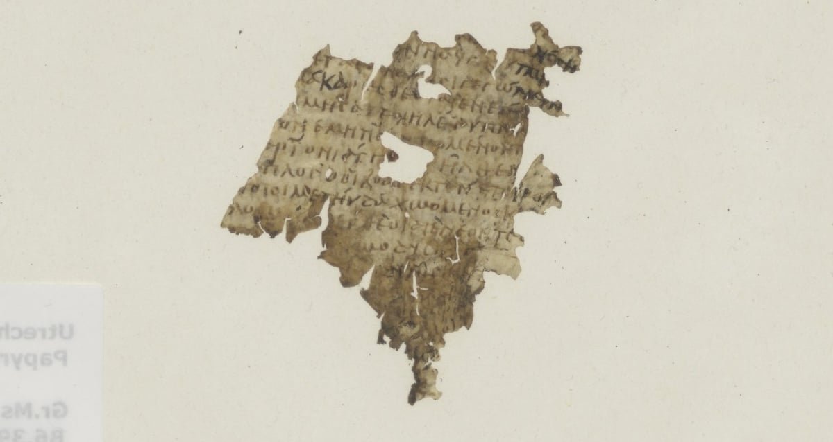 Close-up of an ancient 1,700-year-old papyrus fragment containing text from the Odyssey