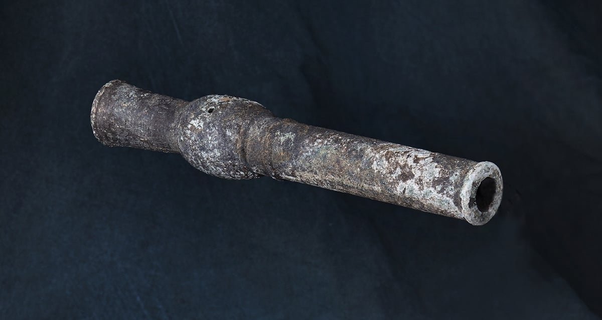 A small ancient bronze hand cannon known as the Hwangja Hwatong found in South Korea