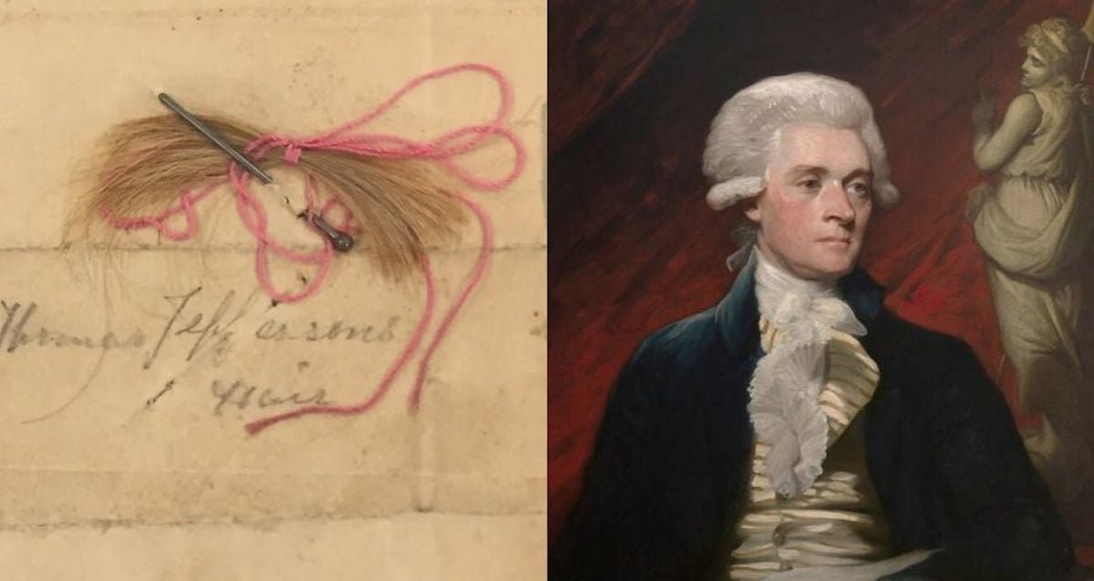 A historical desk with parchment and a symbolic DNA helix representing the paternity proof of Thomas Jefferson
