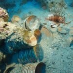 Underwater view of an ancient shipwreck in Turkey filled with thousands of red ceramic tableware pieces.