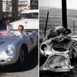 A silver 1955 Porsche 550 Spyder race car on a 1950s California road
