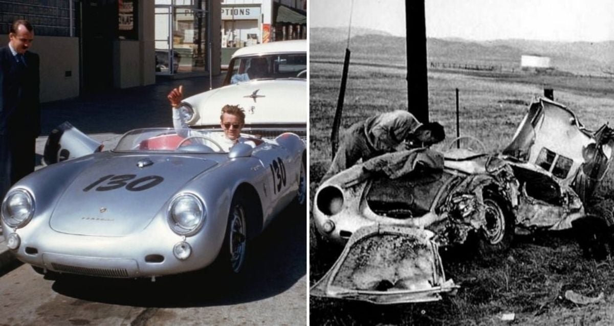 A silver 1955 Porsche 550 Spyder race car on a 1950s California road
