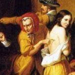 A historical recreation of a 17th scene showing tools used in witch trials