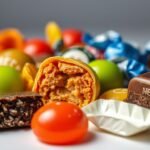 A detailed macro shot of a variety of colorful chocolates and candies showing textures of caramel and chocolate.