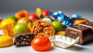 A detailed macro shot of a variety of colorful chocolates and candies showing textures of caramel and chocolate.