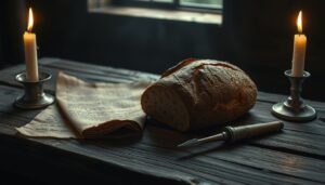 A loaf of colonial-era rye bread on a wooden table with a quill and parchment, representing the ergot theory of the Salem witch trials.
