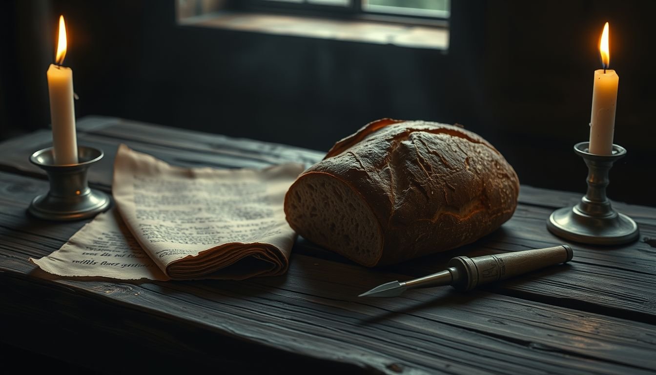 A loaf of colonial-era rye bread on a wooden table with a quill and parchment, representing the ergot theory of the Salem witch trials.