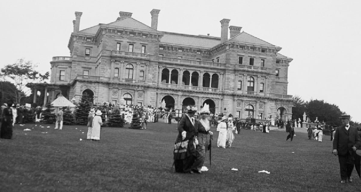 The exterior of The Breakers mansion in Newport, Rhode Island, showing its Italian Renaissance architecture.