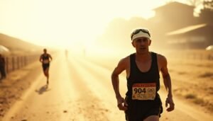 A vintage-style photograph of an Olympic marathon runner from 1904 in the early 20th century on a dusty road.