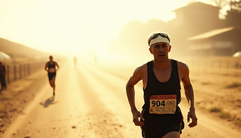 A vintage-style photograph of an Olympic marathon runner from 1904 in the early 20th century on a dusty road.