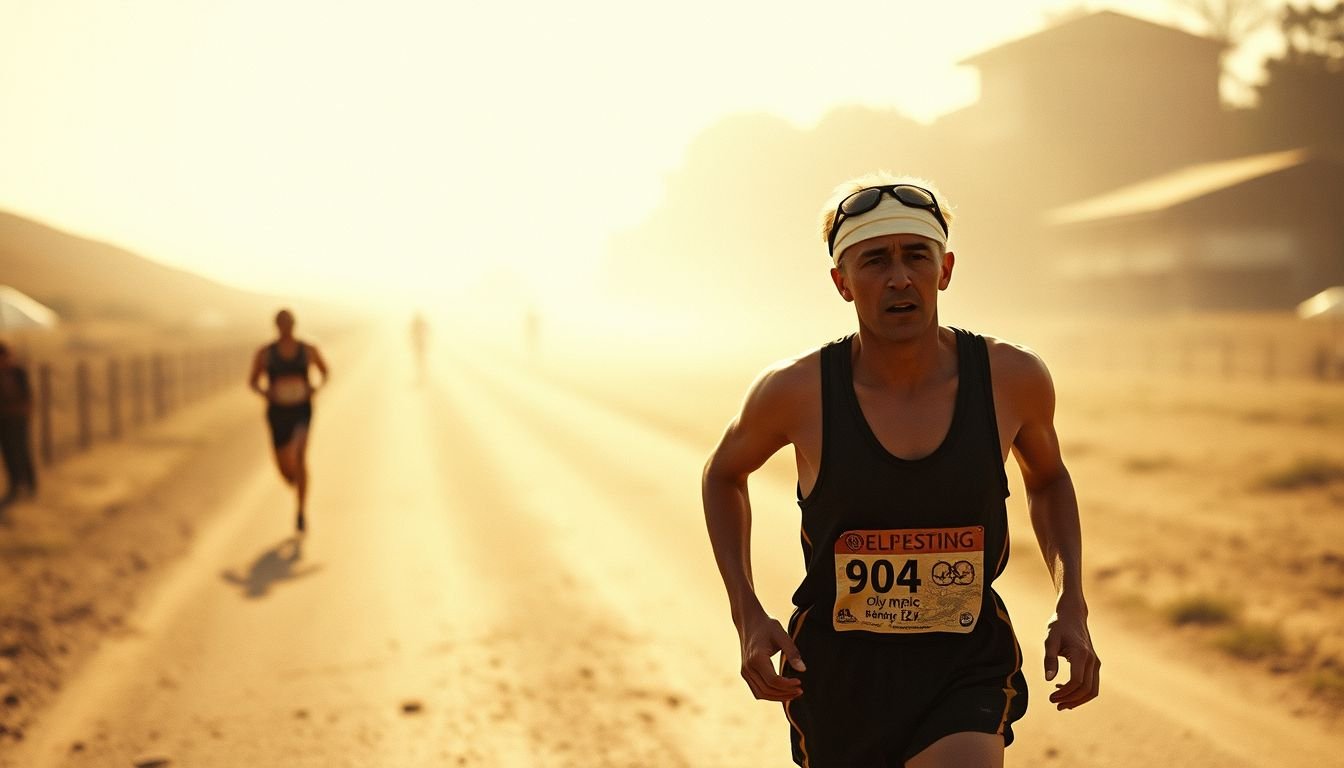 A vintage-style photograph of an Olympic marathon runner from 1904 in the early 20th century on a dusty road.