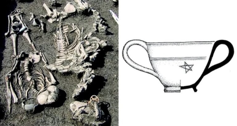 Archaeological excavation of an ancient Maeotian warrior grave with weapons and horse remains.