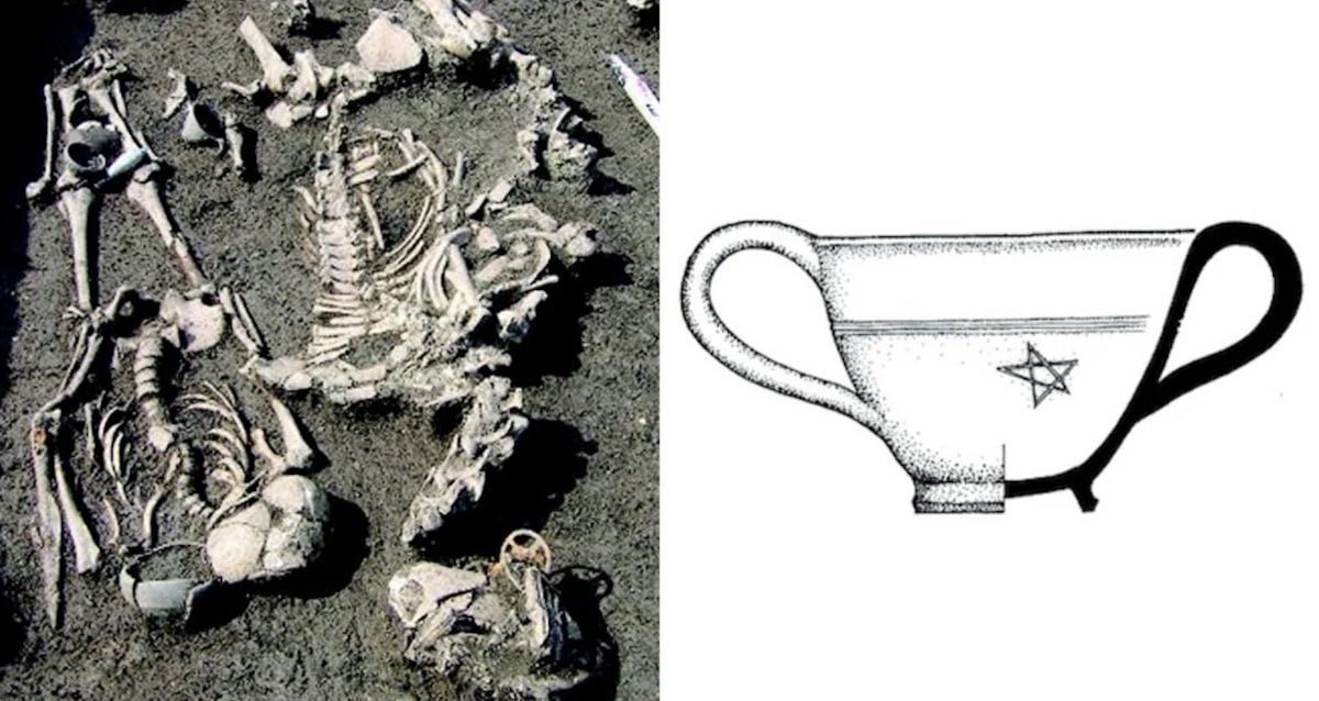 Archaeological excavation of an ancient Maeotian warrior grave with weapons and horse remains.