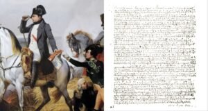 An ancient encrypted letter from Napoleon Bonaparte alongside a modern digital interface showing AI decoding process