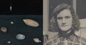 A surrealist oil painting of sea shells by Gertrude Abercrombie, displayed in a gallery setting.