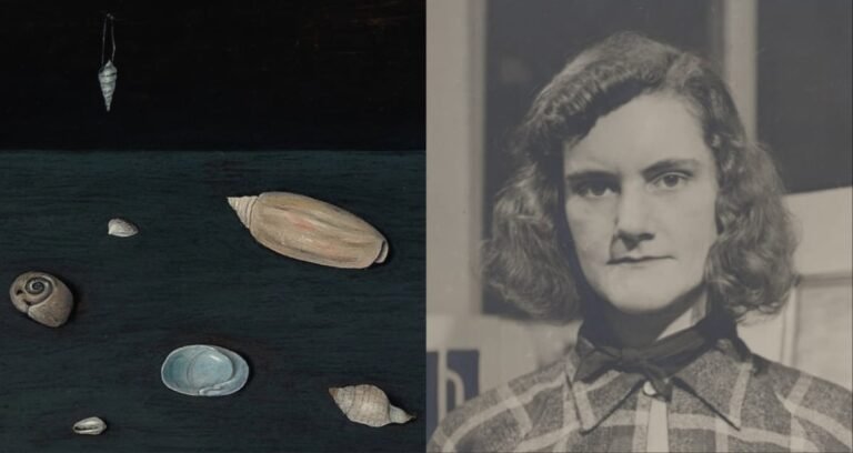 A surrealist oil painting of sea shells by Gertrude Abercrombie, displayed in a gallery setting.