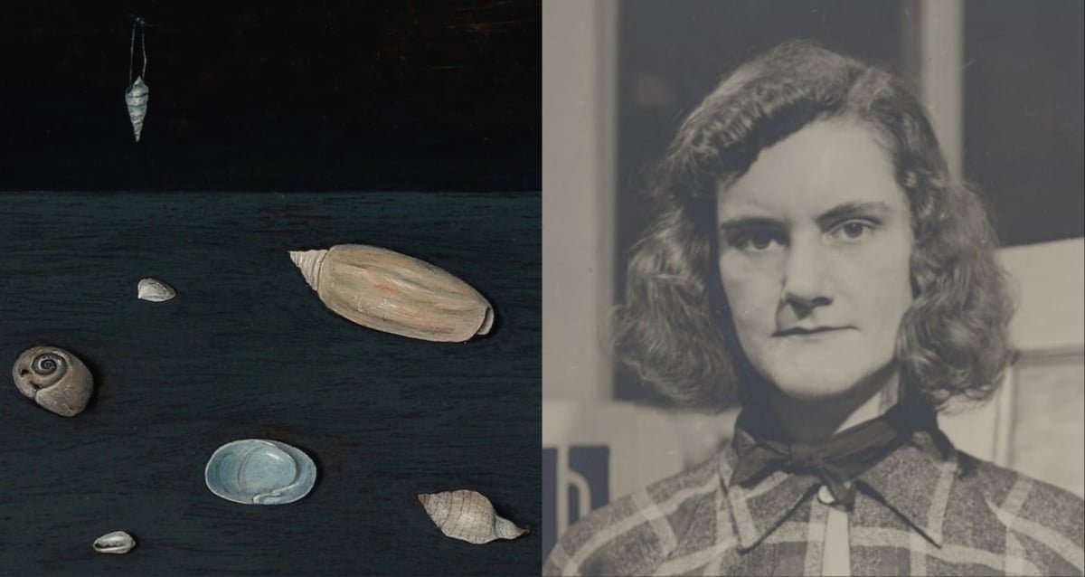 A surrealist oil painting of sea shells by Gertrude Abercrombie, displayed in a gallery setting.