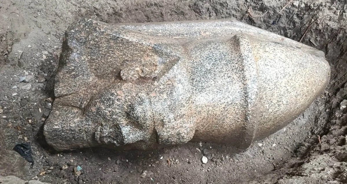 Two colossal pink granite statue heads of Ramesses II discovered by a farmer in Behbeit El-Hagar, Egypt.