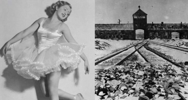 Classical ballet shoes on a concrete floor representing the memory of Franceska Mann at Auschwitz.